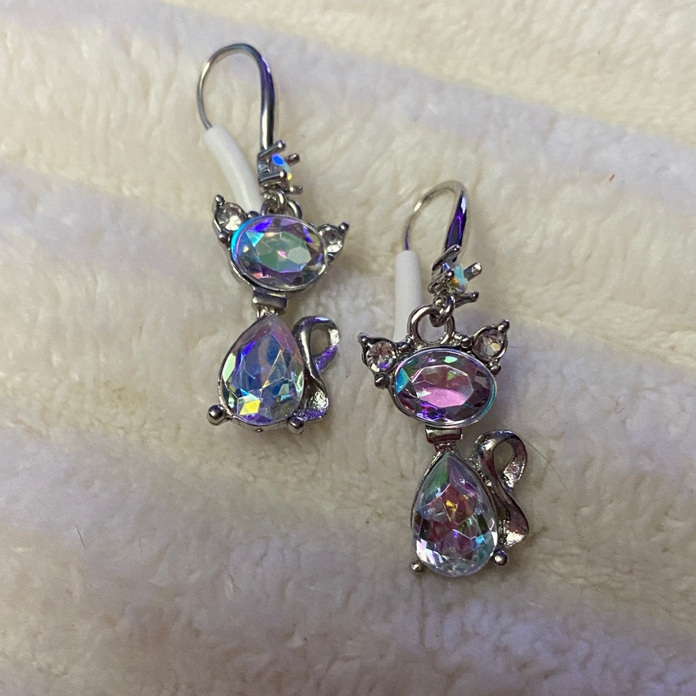 NEW- Aurora Crystal Cat Drop Earrings - Iridescent Teardrop Accent
